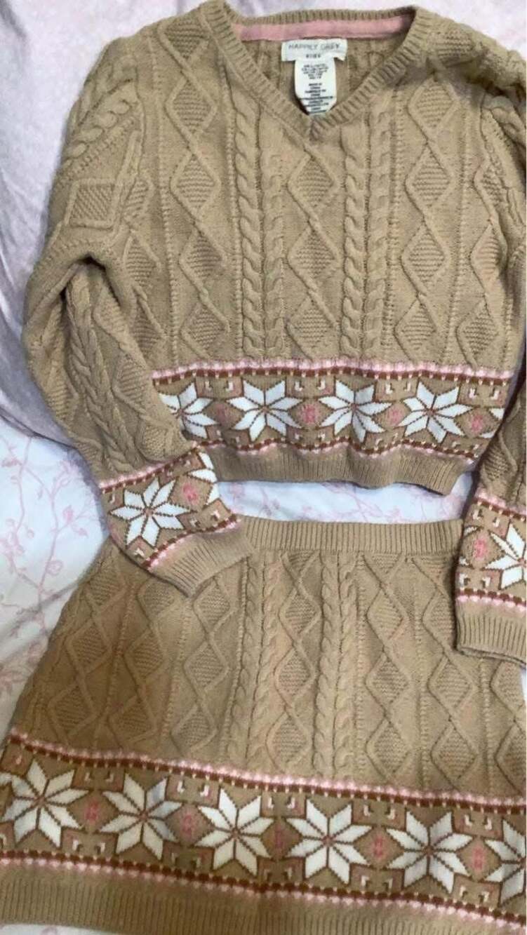 Happily Grey Kids Cable Knit 2-Piece Sweater and Skirt Set, Fair Isle, Size L